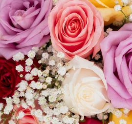 Arranjo com 12 rosas nacionais coloridas no vaso de vidro. 
